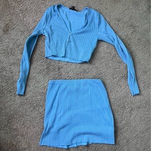 Forever 21 baby blue 2 piece skirt set with long sleeve cropped button top